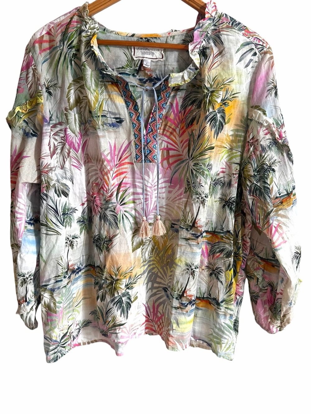 Johnny Was Workshop Tropical Print Ruffle Trim Blouse Size Large